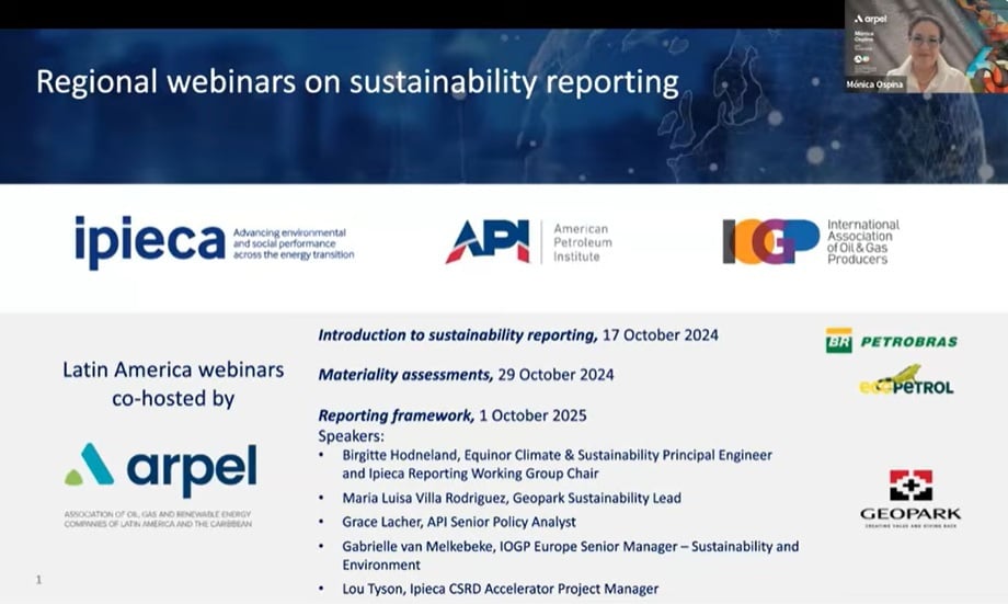 Webinar: Cómo las empresas de O&G aplican los marcos de reporte adecuados - Arpel, Ipieca, API, IOGP